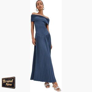 Lightweight Knit Maxi Dress with Pleated Skirt and Off-Shoulder Neckline
